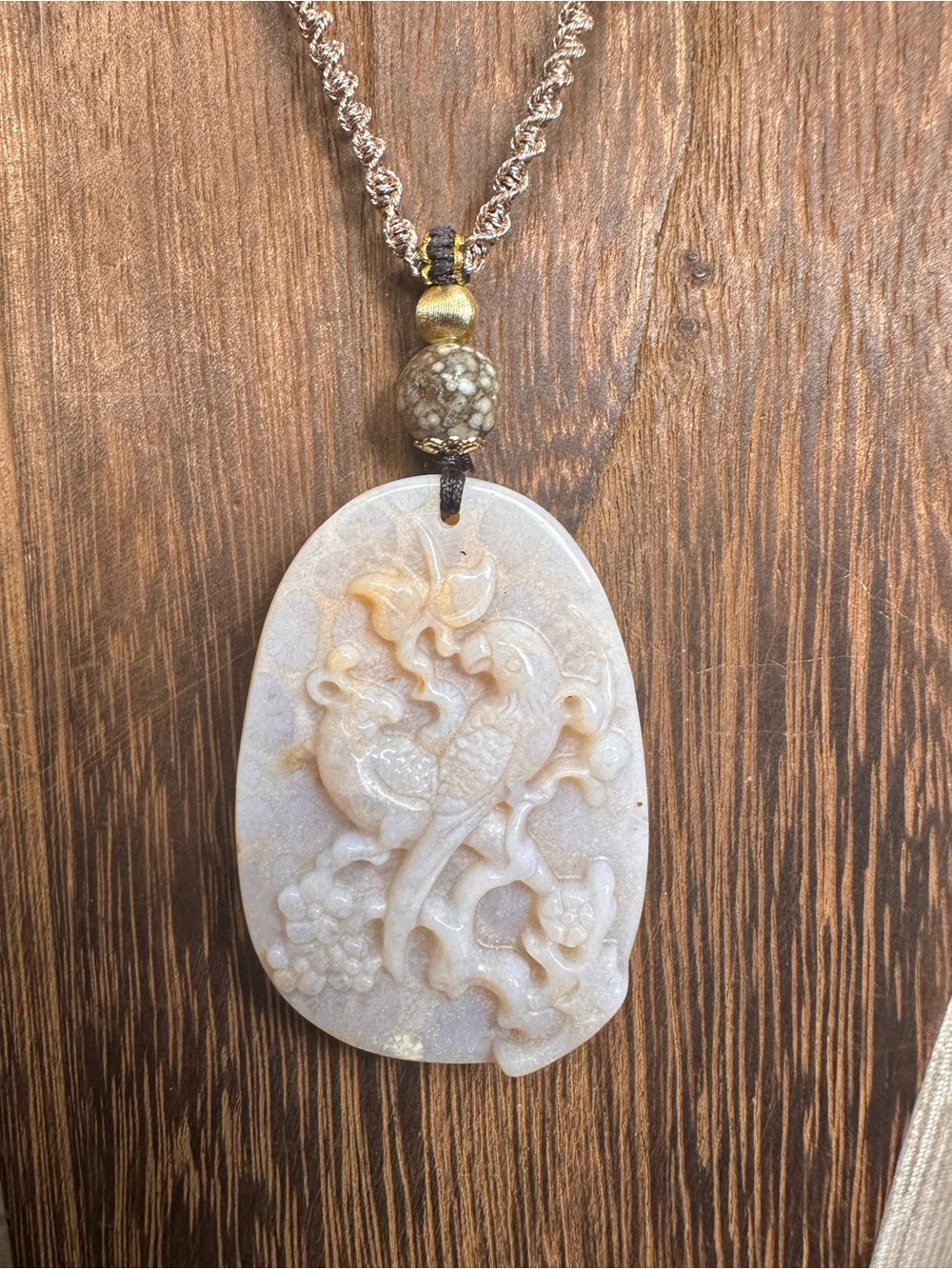 Coral Fossil Birds Pendant with Ocean Jasper on Adjustable Rope - Picture 3 of 15